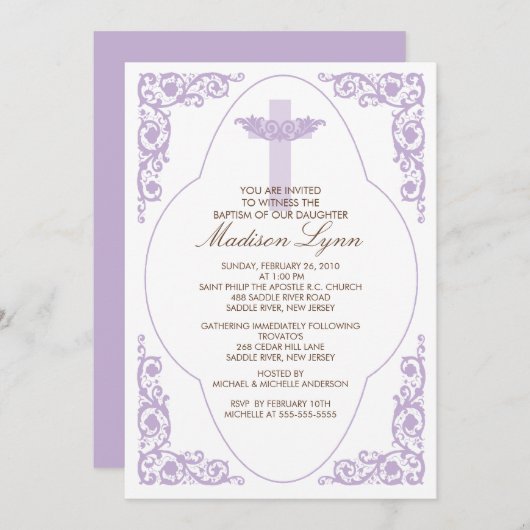 Elegant Lila Baptisme Uitnodiging (Voorkant / Achterkant)