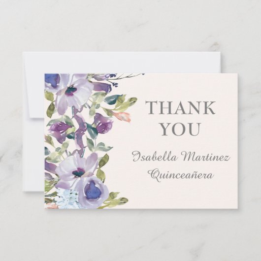 Elegant Lila Blauw Horizontaal Quinceañera Bedankkaart (Voorkant)