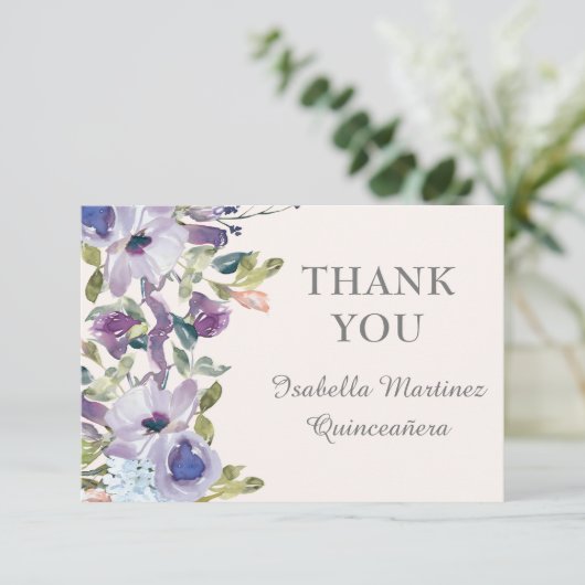 Elegant Lila Blauw Horizontaal Quinceañera Bedankkaart (Staand voorkant)