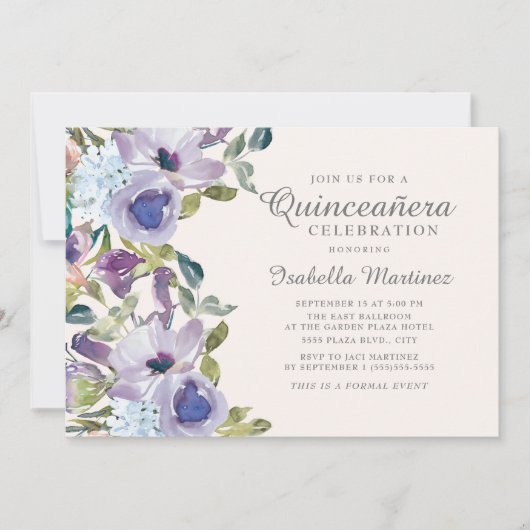 Elegant Lila Blauw Horizontaal Quinceañera Kaart (Voorkant)