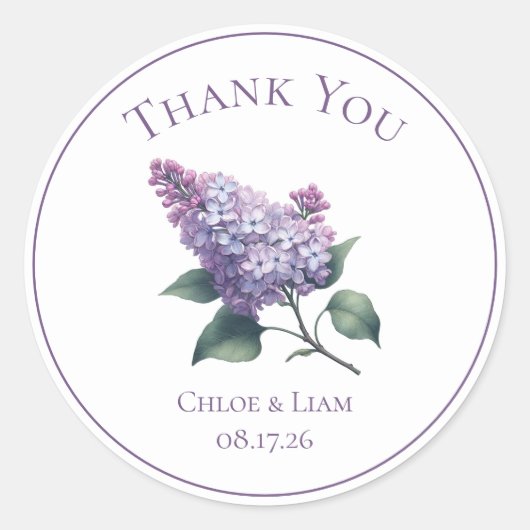 Elegant Lila Bloemenbruiloft Dank u Ronde Sticker (Voorkant)