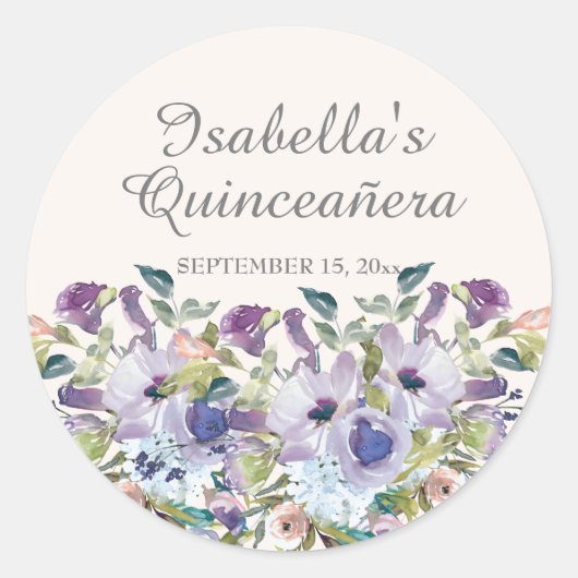 Elegant Lila Blue Floral Quinceañera Naam Datum Ronde Sticker (Voorkant)