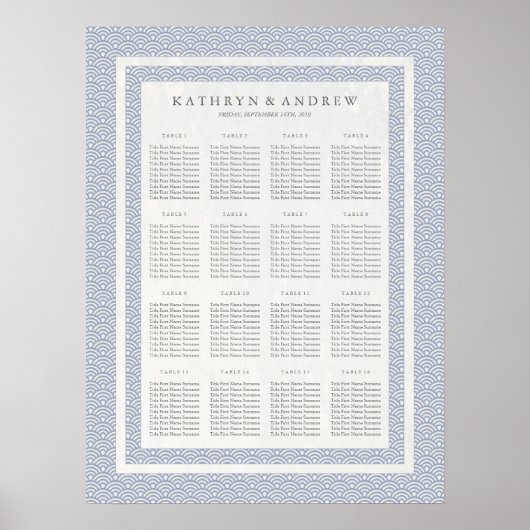 Elegant Lila Blue Seigaiha Wedding Seding Chart Poster (Voorkant)