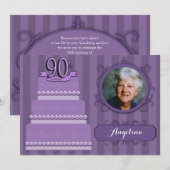 Elegant Lila Damask 90th Birthday Photo Invite Kaart (Voorkant / Achterkant)