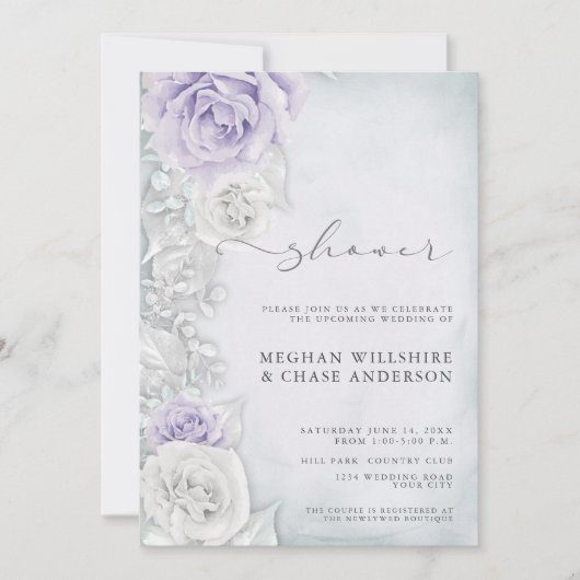 Elegant Lila en White Roses Wedding Shower Kaart (Voorkant)