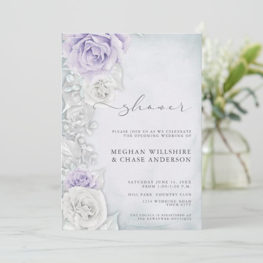 Elegant Lila en White Roses Wedding Shower Kaart (Staand voorkant)