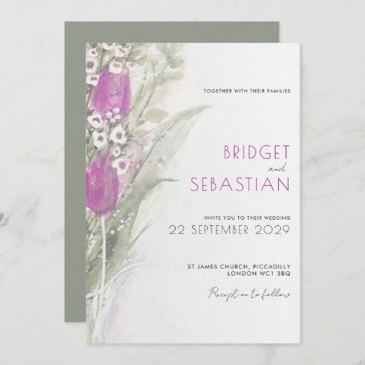 Elegant Lila floral & sage Wedding Invitation Kaart (Voorkant / Achterkant)
