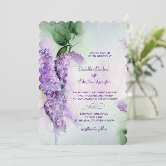 Elegant Lila Flowers Wedding Invitations Kaart (Staand voorkant)