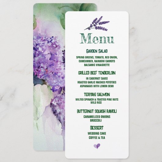 Elegant Lila Flowers Wedding Menu (Voorkant / Achterkant)