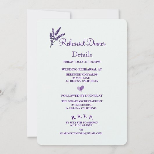 Elegant Lila Flowers Wedding Rehearsal Dinner Kaart (Achterkant)