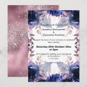 ELEGANT LILA GLITTER FLORAL NAVY WEDING KAART (Voorkant / Achterkant)