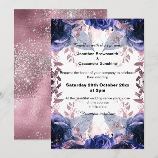 ELEGANT LILA GLITTER FLORAL NAVY WEDING KAART (Voorkant / Achterkant)