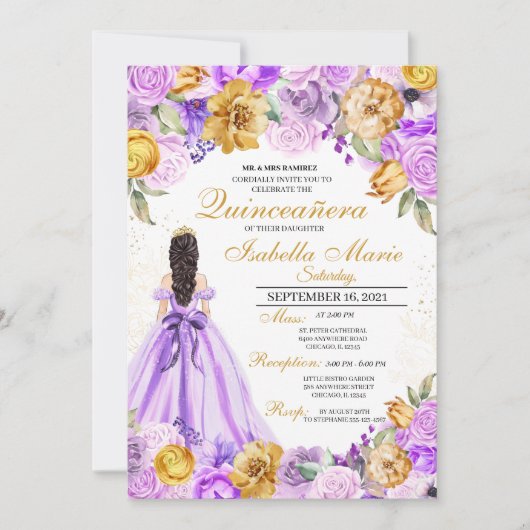Elegant Lila & Gold Floral Quinceanera Birthday Kaart (Voorkant)