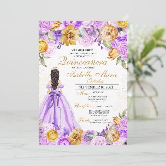 Elegant Lila & Gold Floral Quinceanera Birthday Kaart (Staand voorkant)