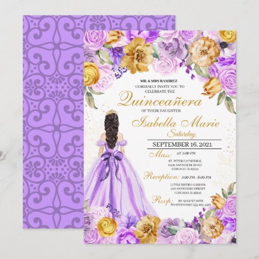 Elegant Lila & Gold Floral Quinceanera Birthday Kaart (Voorkant / Achterkant)