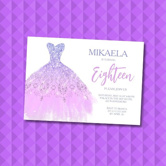 Elegant Lila Gown Glitter 18th Birthday Invitation Kaart