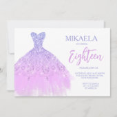 Elegant Lila Gown Glitter 18th Birthday Invitation Kaart (Voorkant)
