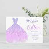 Elegant Lila Gown Glitter 18th Birthday Invitation Kaart (Staand voorkant)