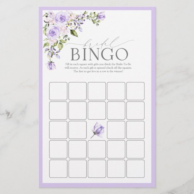 Elegant Lila Lavender Floral Bridal Bingo Game (Voorkant)