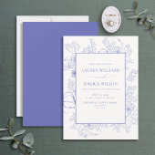 Elegant Lila Lavender Floral Line Art Wedding Kaart