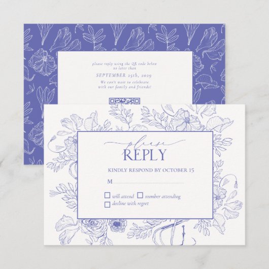 Elegant Lila Lavender Floral Line Art Wedding RSVP Kaartje (Voorkant / Achterkant)