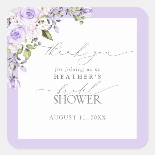 Elegant Lila Lavender Floral Shower Hartelijk dank Vierkante Sticker (Voorkant)
