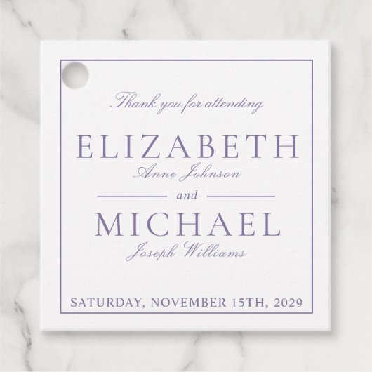 Elegant Lila lavender Klassic Script Wedding Favo Bedankjes Labels (Voorkant)