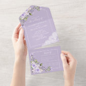 Elegant Lila Lavender Rustic Lace Wedding All In One Uitnodiging (Afscheurbaar)