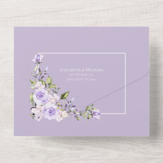 Elegant Lila Lavender Rustic Lace Wedding All In One Uitnodiging (Achterkant)
