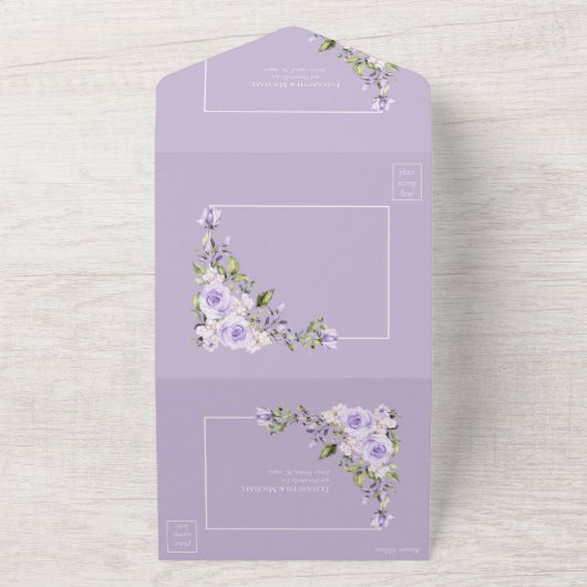 Elegant Lila Lavender Rustic Lace Wedding All In One Uitnodiging (Buitenkant)