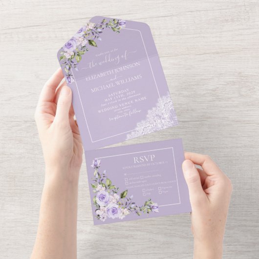 Elegant Lila Lavender Rustic Lace Wedding All In One Uitnodiging (Afscheurbaar)