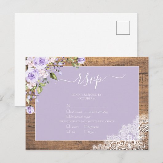 Elegant Lila Lavender Rustic Lace Wedding RSVP Uitnodiging Briefkaart (Voorkant / Achterkant)