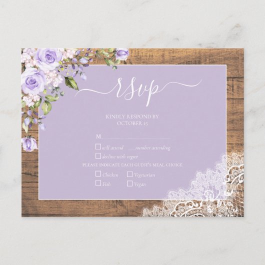 Elegant Lila Lavender Rustic Lace Wedding RSVP Uitnodiging Briefkaart (Voorkant)