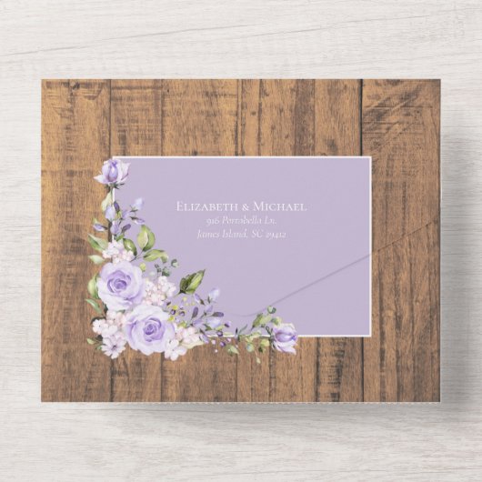 Elegant Lila Lavender Rustic Wood Wedding Al All In One Uitnodiging (Achterkant)