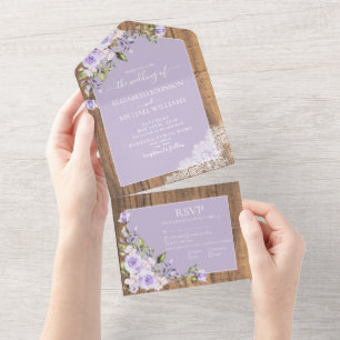 Elegant Lila Lavender Rustic Wood Wedding Al All In One Uitnodiging