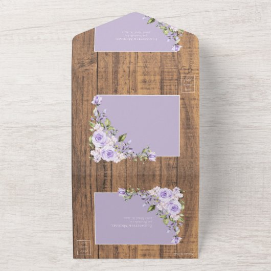 Elegant Lila Lavender Rustic Wood Wedding All In One Uitnodiging (Buitenkant)