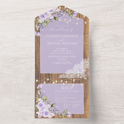 Elegant Lila Lavender Rustic Wood Wedding All In One Uitnodiging (Binnen)