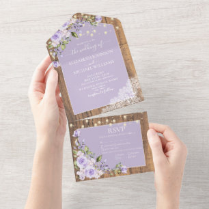 Elegant Lila Lavender Rustic Wood Wedding All In One Uitnodiging