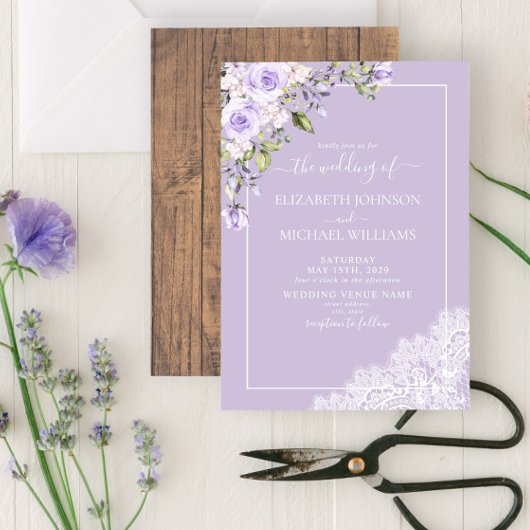 Elegant Lila Lavender Rustic Wood Wedding Kaart