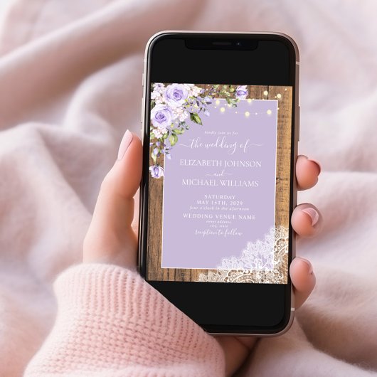 Elegant Lila Lavender Rustic Wood Wedding Kaart