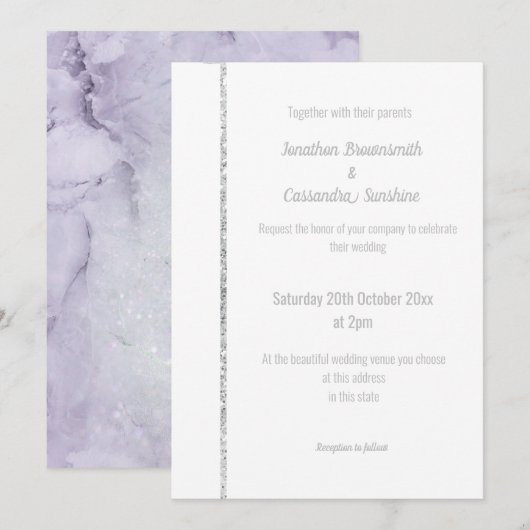 ELEGANT LILA MARBLE SILVER SPARKLE WEDING KAART (Voorkant / Achterkant)