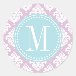 Elegant Lila Paars Damask gepersonaliseerd Ronde Sticker