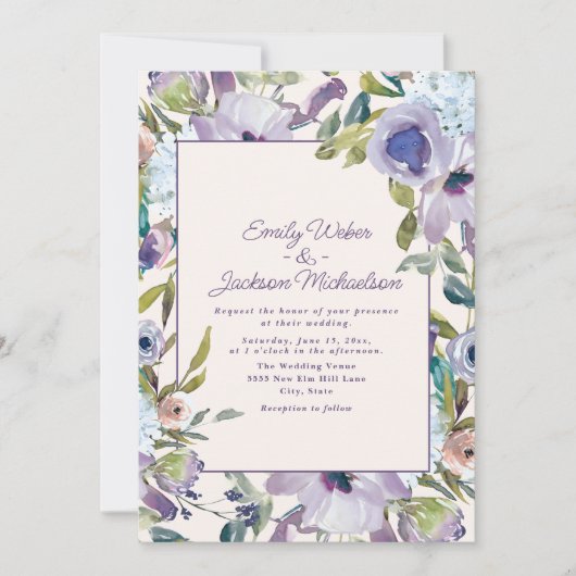 Elegant Lila Paars Dusty Blue Floral Wedding Kaart (Voorkant)