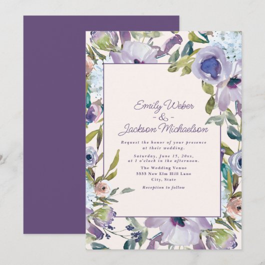 Elegant Lila Paars Dusty Blue Floral Wedding Kaart (Voorkant / Achterkant)