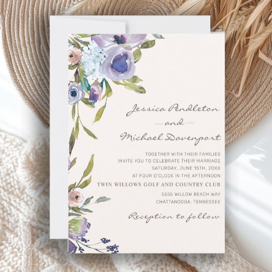Elegant Lila Paars Dusty Blue Floral Wedding Kaart