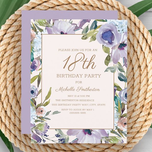 Elegant Lila Paars Floral Greenery 18th Birthday Kaart