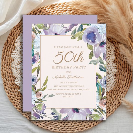 Elegant Lila Paars Floral Greenery 50th Birthday Kaart