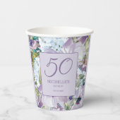 Elegant Lila Paars Floral Greenery 50th Birthday Papieren Bekers (Voorkant)