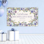 Elegant Lila Paars Floral Greenery 50th Birthday Spandoek<br><div class="desc">Voeg een vleugje elegantie toe aan uw feest met deze stoffige blauwe en paarse waterverf bloemige 50e verjaardagsfeestbanner voor vrouwen. Prachtig ontworpen met zachte, artistieke bloemen en delicaat gebladerte, deze aanpasbare banner is perfect voor het markeren van elke mijlpaal - of het nu een 30e, 40e, 50e, 60e of zelfs...</div>