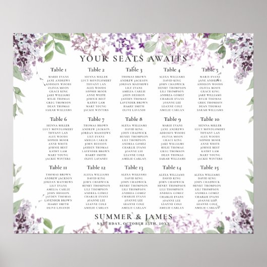 Elegant Lila Paars Floral Wedding Seating Chart Poster (Voorkant)